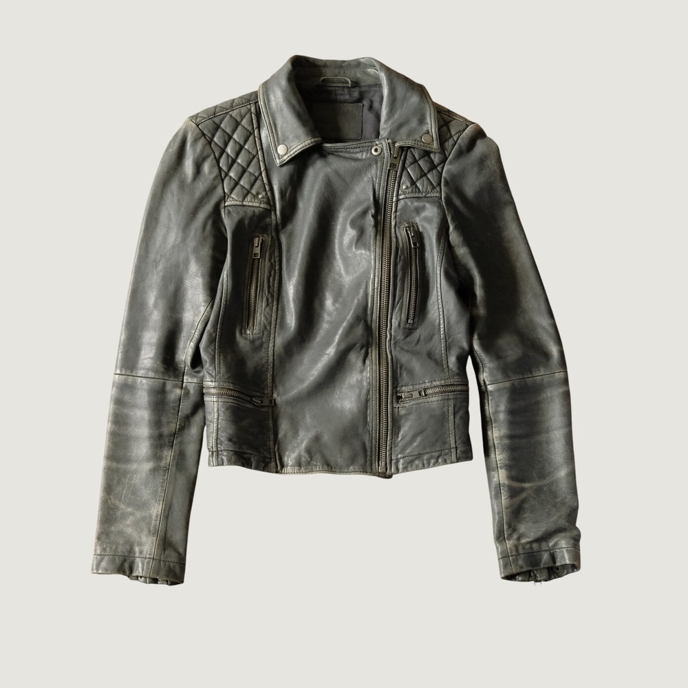 AllSaints Cargo Distressed Leather Biker Jacket Quilted Moto Washed Black US 8